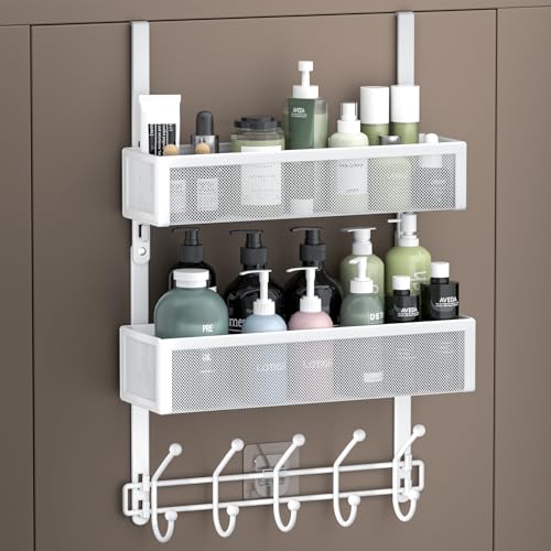 Adjustable Over The Door Hooks Organizer, Door Hanger Coat Rack with 2 Mesh Baskets and 10 Hooks, Back of Door Storage Organizer for Bedroom,Bathroom,Kitchen (White) - color: White-01, size: 2 Baskets