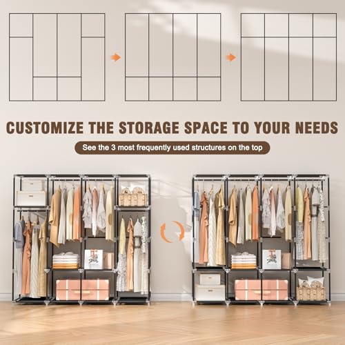 Neatrays Wardrobe Closet, 66 Inch Portable Closet for Hanging Clothes, Large Capacity Clothes Rack Organizer with Cover & 4 Hanging Rods & 8 Storage Shelves & 2 Side Pockets (Black) - color: Black, size: 4 Row - 67"Wide