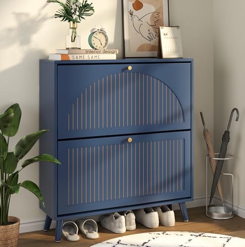 Fsbecl Shoe Storage Cabinet for Entryway with 2 Flip Drawers, Narrow Wood Shoe Cabinet with Fluted Panel, Freestanding Hidden Shoe Organizer for Foyer, Hallway (Blue - with Shelf) - color: Blue - With Shelf
