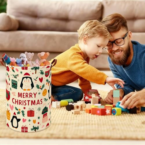Laundry Basket 15.75 x 15.75 x 19.7 Inch Fabric Christmas Penguin Design Foldable Laundry Hamper with Handles Dirty Clothes Storage for Bedroom Nursery Bathroom Dorm Laundry Room and Holiday Décor - color: Colorful594