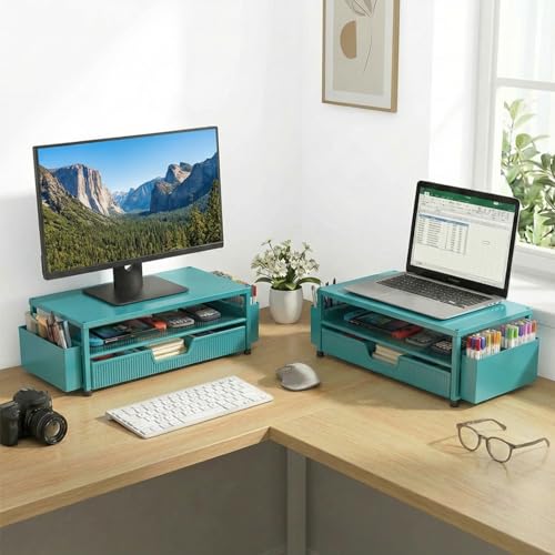 ECOLOVI Desk Organizer and Accessories, 2-Tier Computer Monitor Stand Rise with Storage Drawer & 2 Pen Holders, Laptop & Printer Stand for Desktop, Workspace Organizers for Office Supplies (Blue) - color: Blue