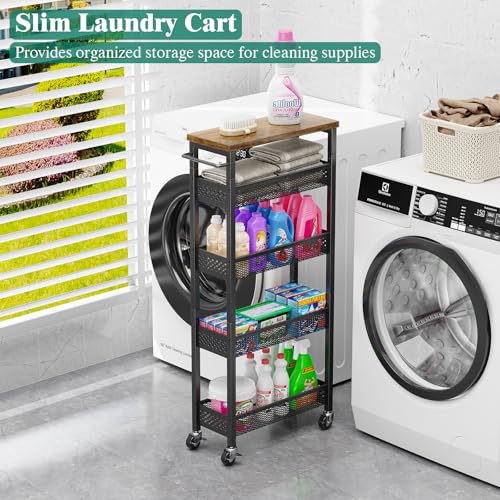Giwil Slim Storage Cart 5 Tier Narrow Kitchen Rolling Cart on Wheels for Small Space, Metal Utility Cart Narrow Bathroom Storage Cabinet Mobile Shelf Unit Organizer with Wood Top and Handle, Black - color: Black, size: 5 Tier (W-7.1IN)
