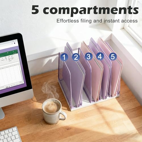 AUPSEN 5-Section File Organizer for Desk, Wood Mesh Desktop File Organizer, File Sorter Storage Rack, Vertical Folder Holder for Files, Magazines, Books (Purple) - color: Purple