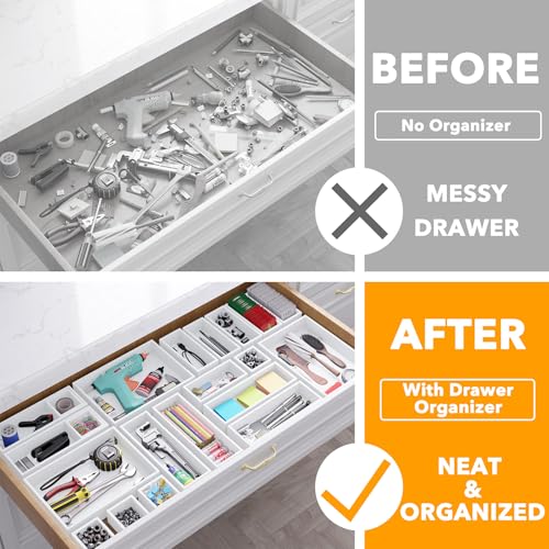SpaceAid 21-Piece Bamboo Drawer Organizer Storage Boxes Set, Wood Tray Junk Drawer Organizers Multi-Use Divider Bins for Kitchen, Bathroom, Office Desk and Makeup Organization (21 Pack, White) - color: White