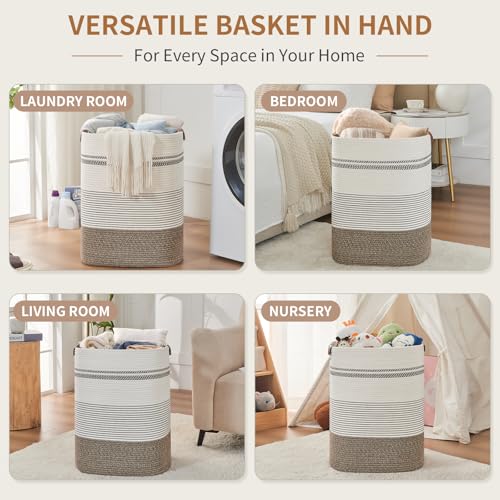AINUOQI Laundry Hamper - Tall Woven Rope Laundry Basket - Clothes hamper with Leather Handles, 17" X 13.8" X 22", Blanket Storage Basket for Living Room, Rice Brown & White - color: Rice Brown & White, size: 85L