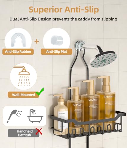 Adjustable Shower Caddy Hanging, Extended Length Organizer Over Shower Head, 3 Tier Long Neck Shower Rack with Soap Holder for Large Storage, Black - color: Black - 3 Tier - Standard