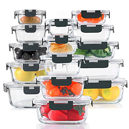 KOMUEE 30 Pieces Glass Food Storage Containers Set, Glass Meal Prep Containers Set with Snap Locking Lids, Airtight lunch Containers for Microwave, Oven, Freezer & Dishwasher,Gray - color: Gray