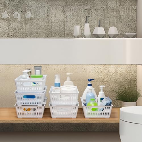 Tiawudi Stackable Woven Plastic Basket, Storage Bins for Cabinet, Closet, Shelf, Under Sink and Countertop, Pantry Organizer Bins, 6 Pack - color: White