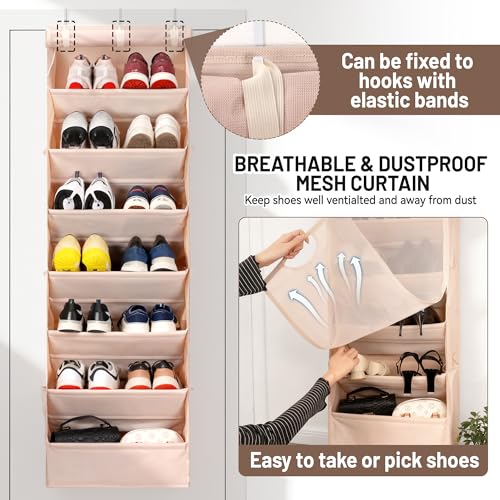7 Tier Over The Door Shoe Organizer, Hanging Shoe Rack for Closet with Dustproof Mesh Curtain & 6 Side Pockets, Behind The Door Narrow Shoe Holder Hanger for Sneakers, Boots (Beige) - color: Beige