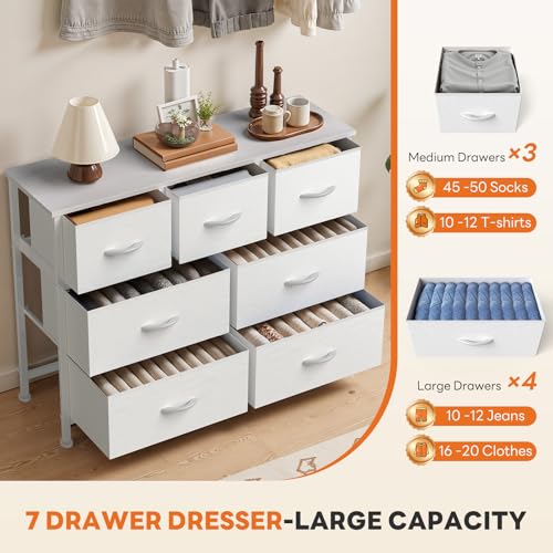 Sweetcrispy 7 Drawer Dresser with Fabric Bins Fabric Storage Tower Organizer for Bedroom Closet Hallway Entryway Tall Chest of Drawers with Steel Frame Wood Top Easy Pull Handles,White - color: White, size: 11.8"D x 39.3"W x 30.3"H (7 Drawers)