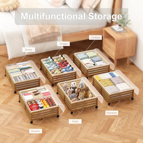 Under Bed Storage Containers With Wheels - 2 Pcs Bamboo Wood Rolling Underbed Shoe Storage Bins With Dust Bags for Clothes Blankets, Duvet Covers Snacks Toys (Walnut) - color: Brown, size: M