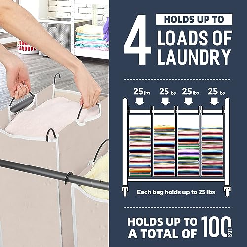 STO STO Laundry Sorter 4 Section, 4 Bag Clothes Hamper, Rolling Laundry Cart Basket with Heavy Duty Lockable Wheels and Removable Bag for Laundry Room, Bedroom, Closet, Beige - color: Beige, size: 4-Section