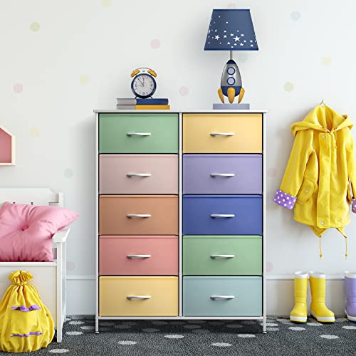 Sorbus Kids Dresser with 10 Drawers - Storage Unit Organizer Chest for Clothes - Bedroom, Kids Room, Nursery, & Closet - Steel Frame, Wood Top & Handles, and Easy Pull Fabric Bins - color: Pastel 2, size: 10 Drawer