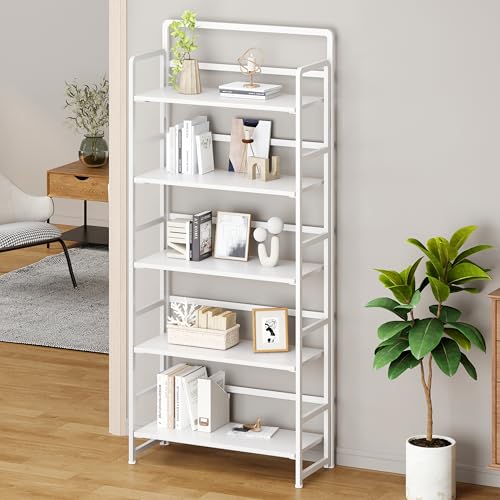 No Assembly Folding Bookshelf, 5 Tiers Collapsible Book Shelf for Home Office, Vintage Wood Foldable Bookcase Storage Organizer for Living Room Bedroom (White) - color: White, size: 5-tier