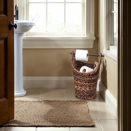 Creative Co-Op Boho Oval Braided Bankuan Bathroom Tissue/Toilet Paper Basket with Wood Handle, Brown - color: Brown