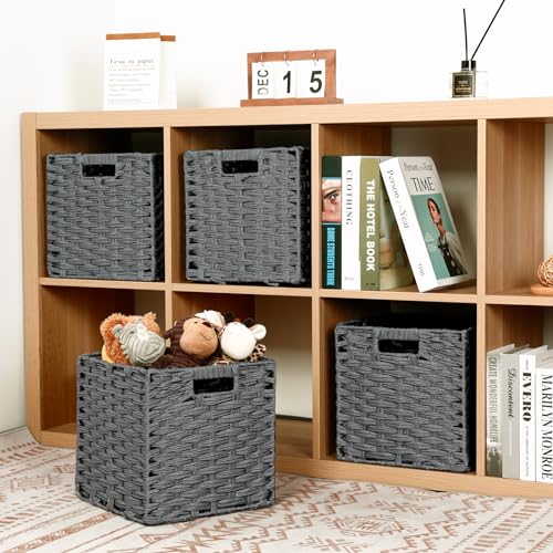 DULLEMELO Wicker Storage Baskets for Shelves, Plastic Woven Cube Storage Bins Set of 4, 11x11x11 inch Foldable Wicker Baskets for Shelves,Closet, Clothes, Toys-Grey - color: Woven-Grey, size: 11"-4 pack