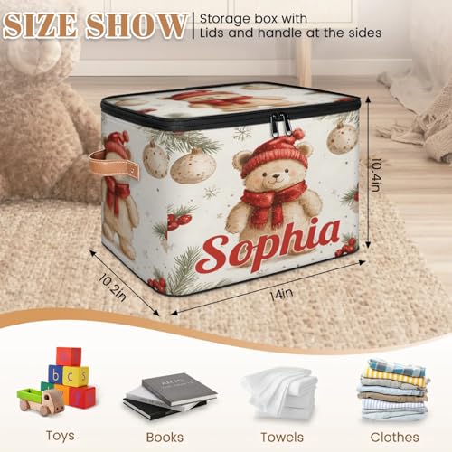 Custom Storage Basket with Name, Personalized Storage Bins with Zipper Lid, Foldable Fabric Storage Box Large capacity with Handle Bear Red Hat Scarf - color: Option 16