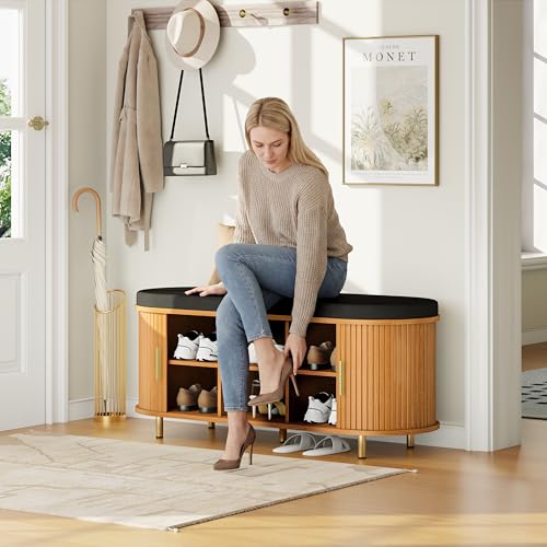 DHH 2-Tier Storage Bench,Wide Shoe Bench with Thickened Padded Seat Cushion, Mid Century Modern Fluted Sliding Door and Adjustable Shelf, for Entryway, Living Room, Bedroom (Yellow Walnut, 43.3“) - color: Yellow Walnut, size: 43.3 inch