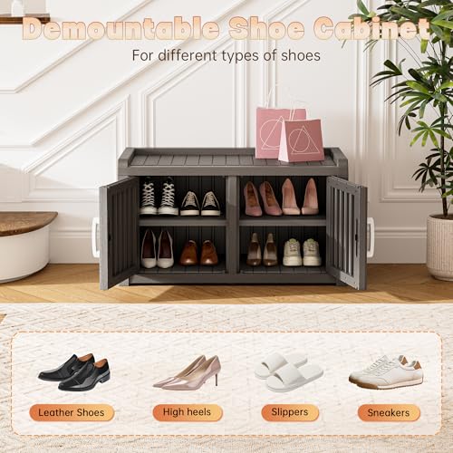 KAMABOKO Shoe Storage Cabinet Waterproof UV-Resistant, Entryway Storage Bench Indoor Outdoor with 2 Barn Doors, Adjustable Shelves for Entryway, Bedroom, Hallway,Living Room(Classic Grey) - color: Classic Grey, size: Double Door