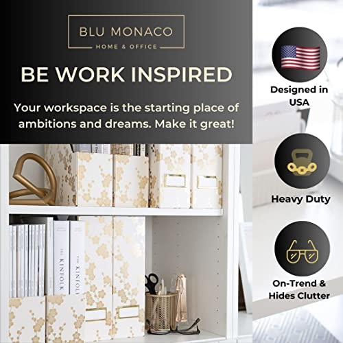 BLU MONACO | Set of 4 Foldable Magazine Storage Boxes with Gold Floral Pattern | Decorative Vertical File Organizers with Gold Label Holders for Desk, Shelves & Home Office - color: Floral Gold