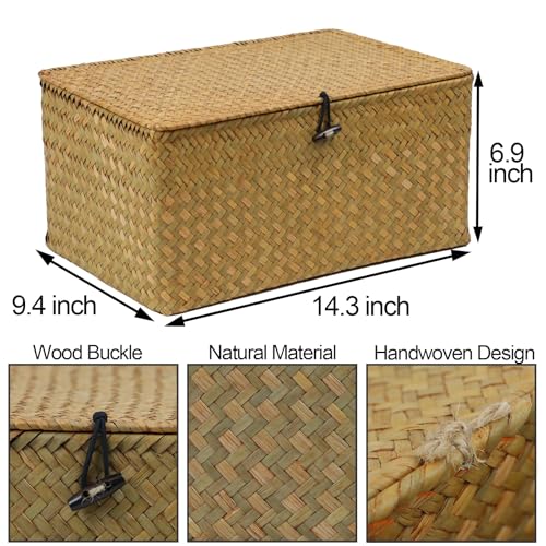 Wicker Basket with Lid, Natural Seagrass Storage Baskets for Organizing, Woven Basket for Storage, Decorative Boxes Bins with Lids Home Organizer Decor (Natural, 14.3" x 9.4" x 6.9") - size: 14.3" x 9.4" x 6.9"