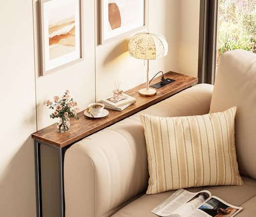 SUPERJARE 5.7 Inch Console Table with Outlet, Sofa Table, Behind Couch Table, 5.7 x 39.4 x 29.7 Inches, Metal Frame, for Living Room, Hallway, Rustic Brown - color: Rustic Brown, size: 5.7''D x 39.4''W x 29.7''H