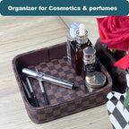 Leather Valet Tray for Men (Solid Wood Inside), Key Trays Bowl for Entryway Table, EDC Catch All Dish, Organizer Decorative Tray for Cologne Jewelry Perfume Watch Wallet- Brown Checkered PU