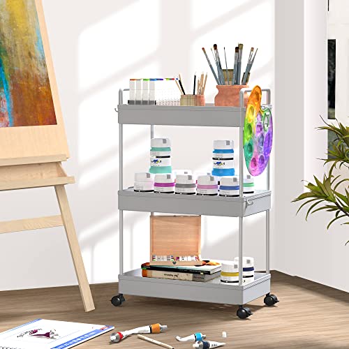 SOLEJAZZ 3 Tier Rolling Storage Cart with Wheels Slim Craft Nail Makeup Snack Art Baby Utility Cart Organizer on 2 Lockable Wheels for Bathroom Laundry Room Kitchen Bedside Narrow Spaces, Gray - color: Grey, size: 3-Tier, 8.66"D