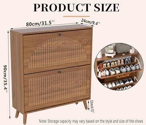 Fsbecl Shoe Storage Cabinet for Entryway with 2 Flip Drawers, Narrow Wood Shoe Cabinet with Fluted Panel, Freestanding Hidden Shoe Organizer for Foyer, Hallway (Walnut) - color: Walnut - With Shelf