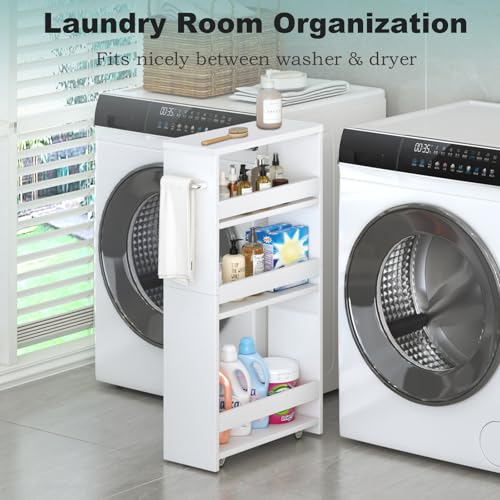 MARTY White Slim Storage Cart with Wheels, 4 Tier Rolling Utility Cart with Handle Slide Out Shelving Unit Organizer Trolley for Laundry Kitchen Bathroom Narrow Places Small Corner - color: All White, size: 5.51"D x 15.75"W x 31.5"H