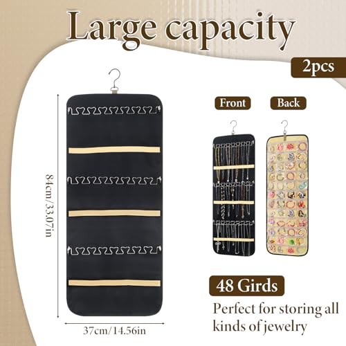 2 Pack Hanging Jewelry Organizer Storage with 48 Pockets and Hooks Dual-Sided Hanging Jewelry Organizers and Storage Hang on Closet, Wall, Door for Earrings, Necklaces, Rings,Blcak