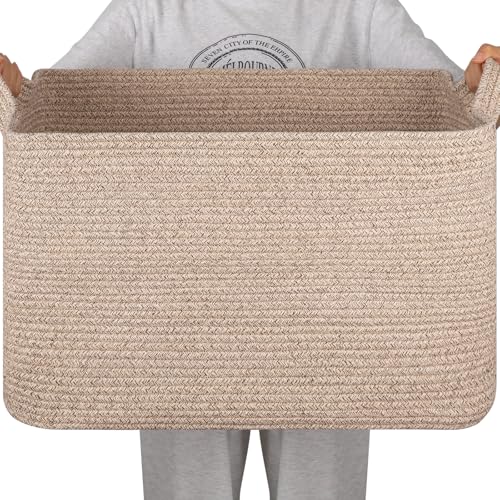 95L Cotton Rope Large Blanket Basket (24" x 16.9" x 14.2") for Living Room, Kids Room & Laundry, Storage Basket with Handle for Organizing Blankets, Pillows, Clothes & Toys, Brown - color: Brown, size: 24"x16.9"x14.2"