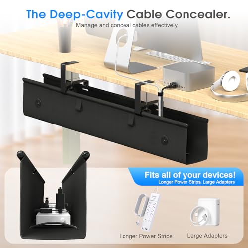 Under Desk Cable Management Tray, 40-inch No-Drill Cord Organizer with Anti-Sag Reinforced Base, Fabric Wire Management Hider for Standing Desk, Office & Gaming Accessories - Black - color: Black, size: 40 inch