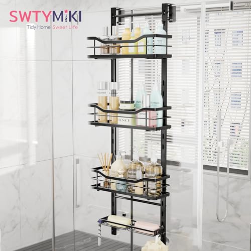 SWTYMIKI Over the Door Shower Caddy - 4 Tier Adjustable Shower Organizer Hanging with Soap Holder, No Drilling Stainless Steel Bathroom Rack Hanging for Body Wash, Shampoo, Soap, Razor, Black - color: Black-4 Tier