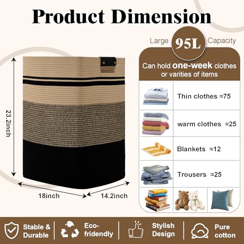Laundry Hamper, 95L Tall Laundry Basket with Leather Handles, Rectangle Large Clothes Hamper for Organizing, Cotton Woven Laundry Baskets Storage Hampers for Bedroom, Nursery, Living Room - color: Jute& Black, size: 95L