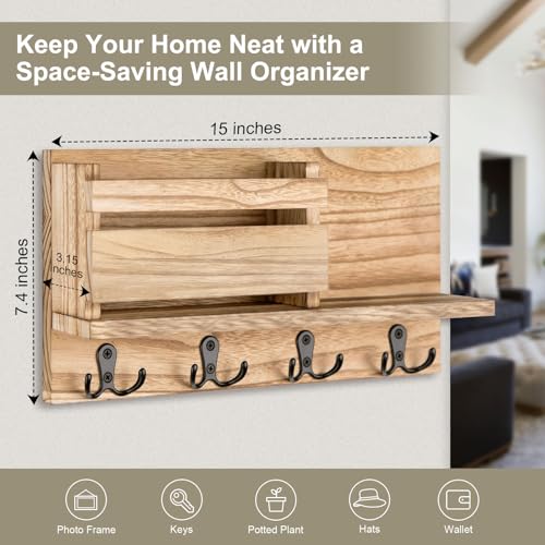 Key and Mail Holder for Wall Decorative - Rustic Mail Organizer Wall Mount, Wooden Letter Sorter Organizer with 4 Key Rack Hooks for Hallway Kitchen Farmhouse Decor (16.5” x 9.1” x 3.4”) (Brown) - color: Wood