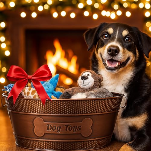 BREKX Indestructible Metal Dog Toy Bin - Copper Galvanized Storage Bin with Handles, Pet Storage Organizer - Ropes, Blankets, & Leashes, Bone Design Pet Toy Box (15-Quart) - color: Antique Copper