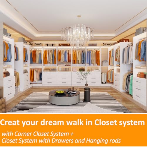 Closet System with 6 Wooden Drawers, 6.5-16FT Corner Closet Organizer System for Walk in Closet, Heavy Duty Modular Closet Systems, Built-in Shelving System with 7 Hanging Rods, 3-Piece Set - color: SL070909