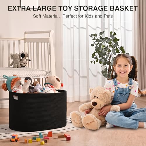 ICERZCZ Large Black Blanket Basket, Storage Baskets for Blankets, Woven Baskets for Storage, Woven Cotton Rope Basket for Toys, Clothes, Shoes, Books, Black, 25”x16”x16” (105L) - color: Black, size: 25”x16”x16”