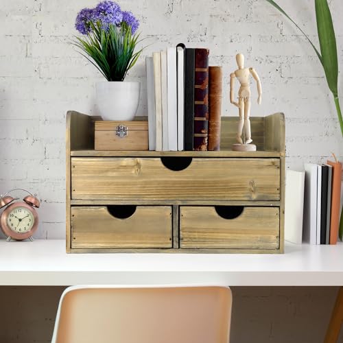 Besti Wooden Office Desk Organizer - Organizing Tool for Desktop, Cubicle, Bedroom, Kitchen - Vintage Style Organization Caddy with Top Tray Shelf & 3 Drawers - 13.6x9x7 Inches (Rustic Burnt) - color: Rustic Burnt