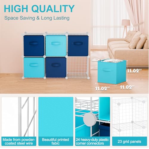 Leinuosen 6 Cube Storage Organizer with 6 Foldable Fabric Storage Bins, Metal Wire Grid Shelves, Stackable Modular Closet Organizer for Bedroom Living Room Office Toys Books(White,Blue) - color: White, Blue, Light Blue