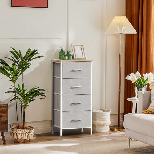 DUMOS Nightstand with 4 Drawers Bedside Table with Removable Fabric Bins Sturdy Steel Frame Wood Top Organizer Furniture for Bedroom Closet Living Room,Light Gray - color: Light Gray, size: 11.82"D x 17.71"W x 37.4"H (4 Drawers)