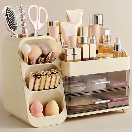 HBlife Makeup Organizer with Brush Holder for Vanity, Large Plastic Bathroom Countertop Organizer Skin Care Storage, Easy to Store Lipsticks, Nail Polishes, Perfumes, Eyeshadow Palettes, Beige - color: Beige, size: Large