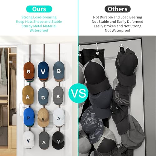 HapiRm Over Door Hat Rack - 3 Packs Hat Organizer with 12 Hooks Design, Hanging Baseball Cap Organizer Storage Holds Up to 60 Caps for Door, Bedroom, Closet (Brown) - color: Brown, size: 3 Pack