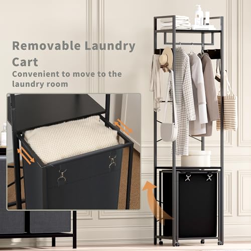 Coat Rack with Laundry Basket, Laundry Hamper Freestanding Hall Tree, Clothes Rack with Storage Shelves, 14.5 Gal Removable Bags on Wheels, Black JLH005B - color: Black