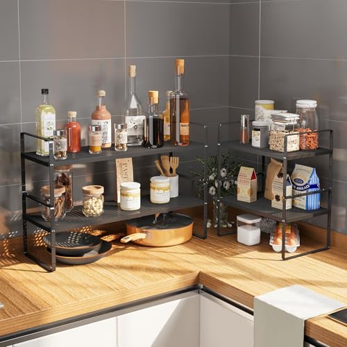 Hole Pattern Expandable Shelf Organizer,2Pack 8.1" Wide Easy to Assemble Cabinet Organizer Shelf, 16.5~27.1" Adjustable Height&Stackable Spice Organization for Cupboard, Black - color: Black, size: 2Pack-8''W-Hole Pattern
