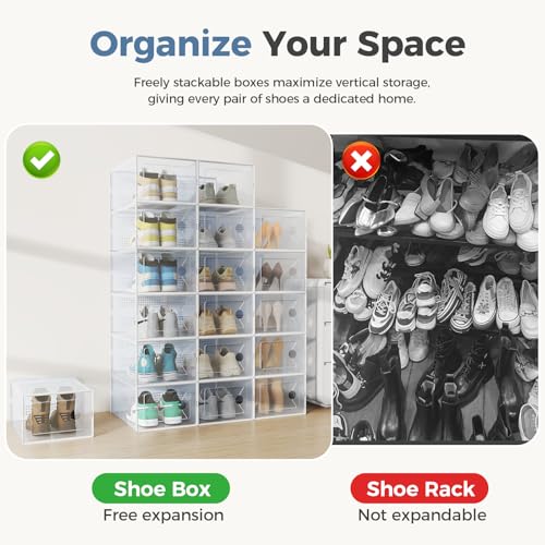 DUMOS Shoe Storage Boxes, 12-Pack Stackable Clear Shoe Containers with Lids, Display Sneaker Case Organizer for Closet, Under Bed, Entryway,White (Fit Size 9)