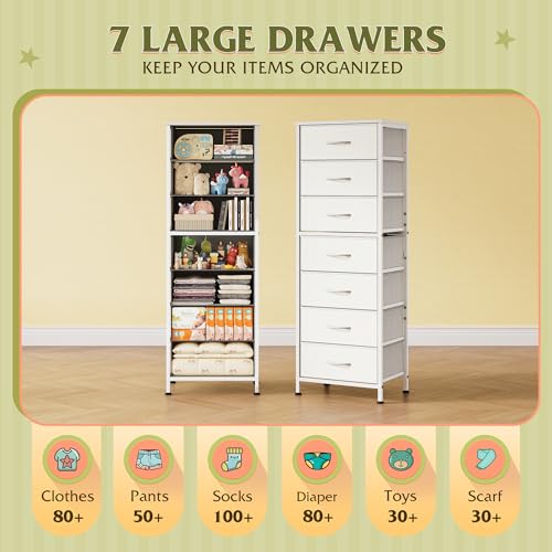 WLIVE White Tall Dresser for Bedroom, 7 Drawer Dressers & Chests of Drawers, Fabric Dresser for Closet, Living Room, Night Stand with Metal Frame, Storage Tower with Fabric Bins, Wood Top - color: White, size: 11.73"D x 15.67"W x 45.28"H