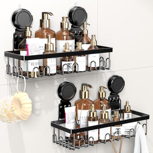 JOTPE Shower Caddy Suction Cup 2 Pack, No Drilling Shower Organizer for Bathroom with Large Capacity, Storage Suction Powerful Max Hold 40 lbs, Waterproof & Removable Bathroom Shelf, Black - color: black, size: Extra large