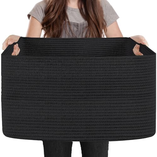 MEGASKET Extra Large Basket for Blankets, 23.6" x 17" x 12" Black Blanket Storage for Living Room, Big Cotton Rope Pillow Holder, Rectangle Kid Dog Toy Bin Box, Woven Laundry Basket, Shoe Bin Entryway - color: Black, size: 23.6"x17"x12